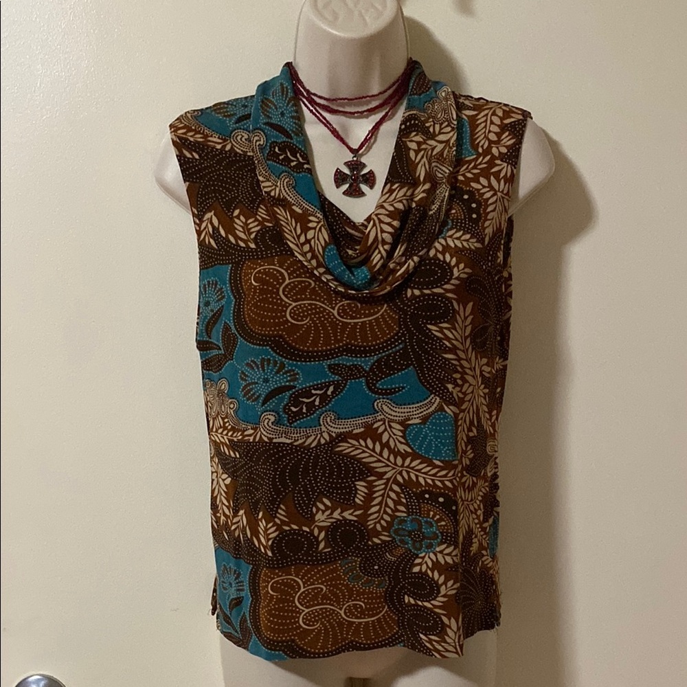 Blue and Brown Blouse with Western Print